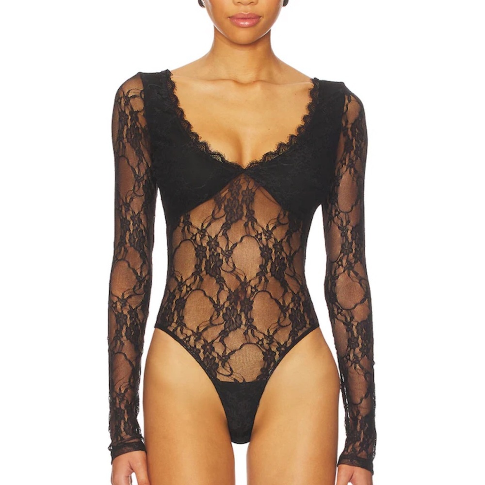 superdown Black Lace Long-Sleeve Sheer Bodysuit